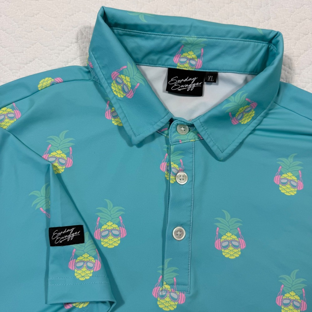 Sunday Swagger Mens Polo XL Pineapple Headphones  Teal Short Sleeve GUC